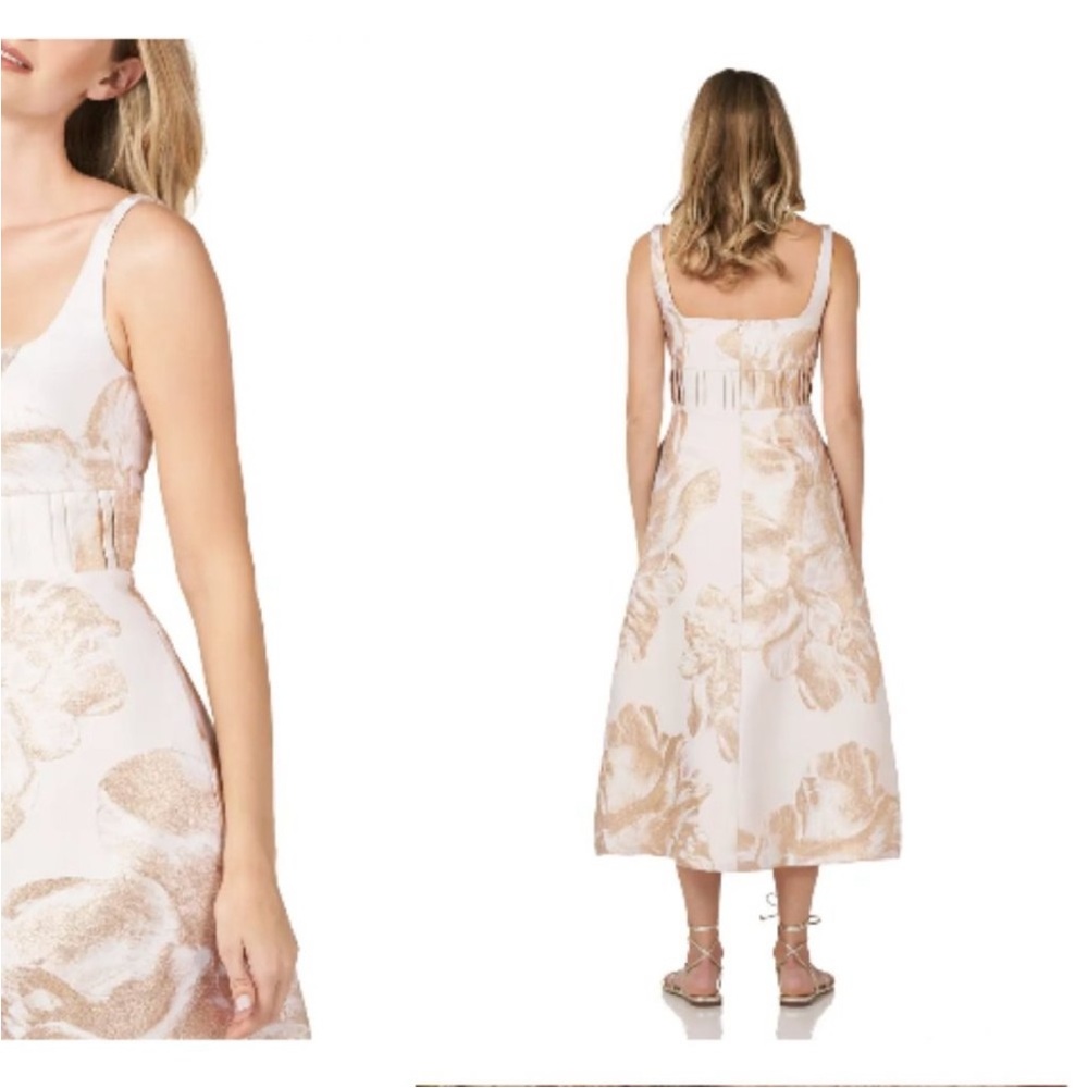 KAY UNGER  FLORAL JACQUARD MIDI CHAMPAGNE DRESS 14 - Picture 4 of 11